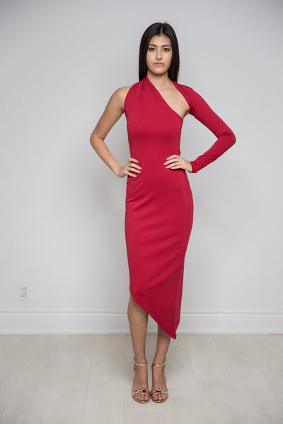 One Shoulder Asymmetric Bottom Dress in Red - LUXFINDZ One Shoulder Asymmetric Bottom Dress in Red - LUXFINDZ
