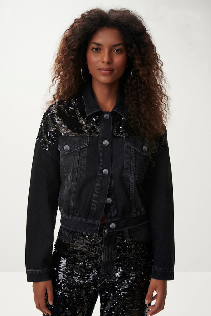 Black Sequined Jean Jacket LUXFINDZ
