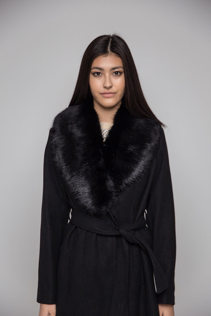 Black shawl faux fur collar coat clearance