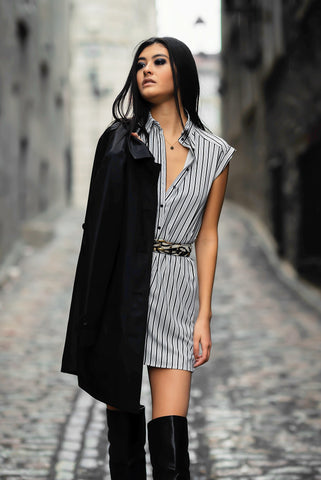 Black and White Striped Sleeved Dress