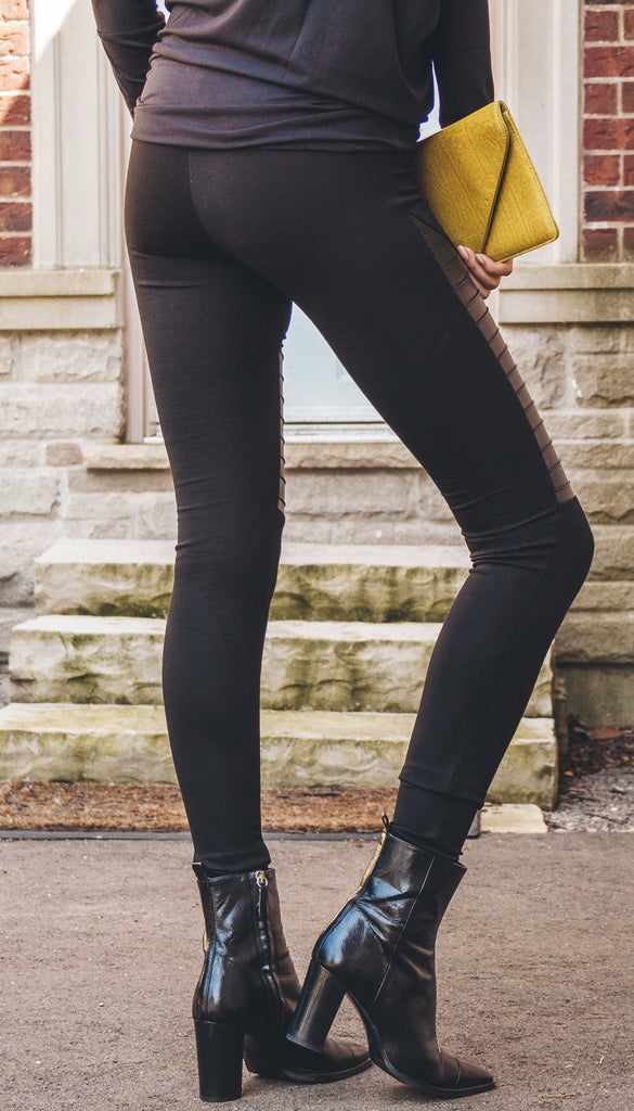 Leather ribbed accented leggings - LUXFINDZ