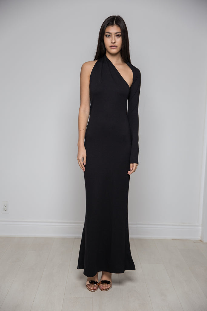 black one shoulder dress long sleeve Formal Floor Length One Shoulder Dress